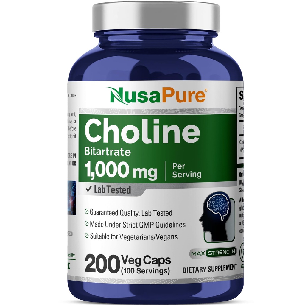 NusaPure Choline Bitartrat 1000 mg 200 Veggie kapsler (vegan vegetarisk, ikke-GMO)