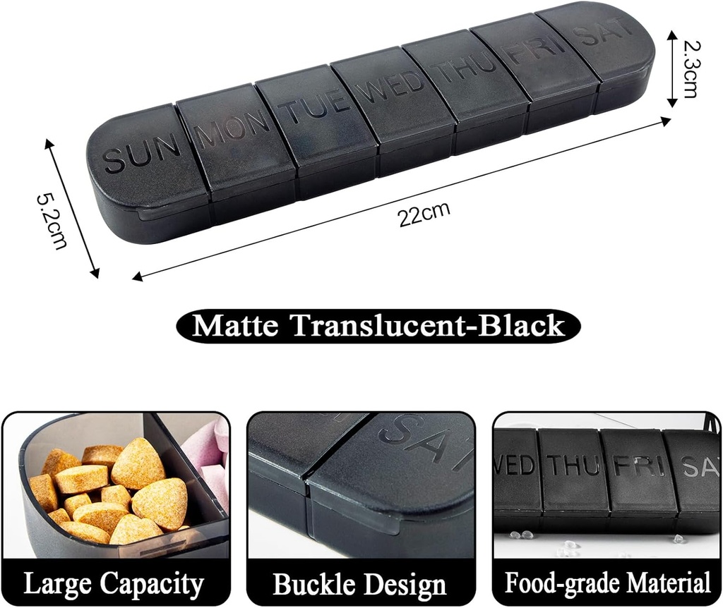 Pille Organizer Stor, ukentlig 7-dagers vitaminer tilfelle dispenser, Matte Svart, Reisemedisin piller boks beholder for medisinering, Meder og mineraler, kosttilskudd, fiskeolje, kapsler, tablett