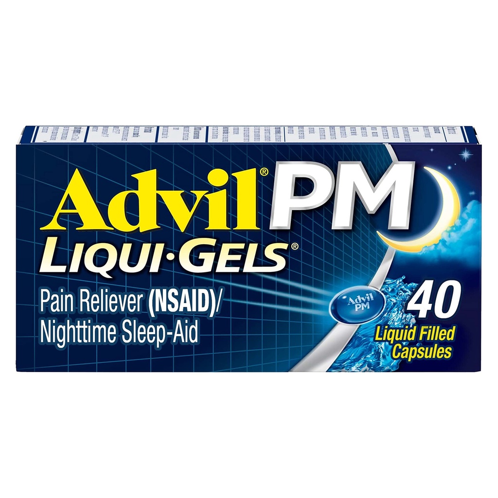 Advil PM Liqui-Gels Pain Reliever og natt søvnhjelp, smertemedisin med ibuprofen for smertelindring og difenhydramin HCL for en søvnhjelp - 40 flytende fylte kapsler - Tilbake til College