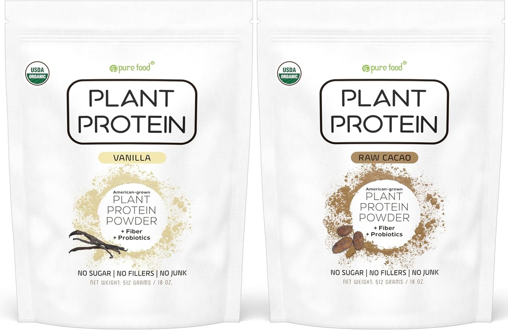 Pure Food: Plantebasert proteinpulver med probiotika Organisk, Ren, Alle naturlige, Vegetarisk, Vegetarisk, Hele Superfood Næringstilskudd uten tilsetningsmidler Keto (Vanilla + sjokolade)