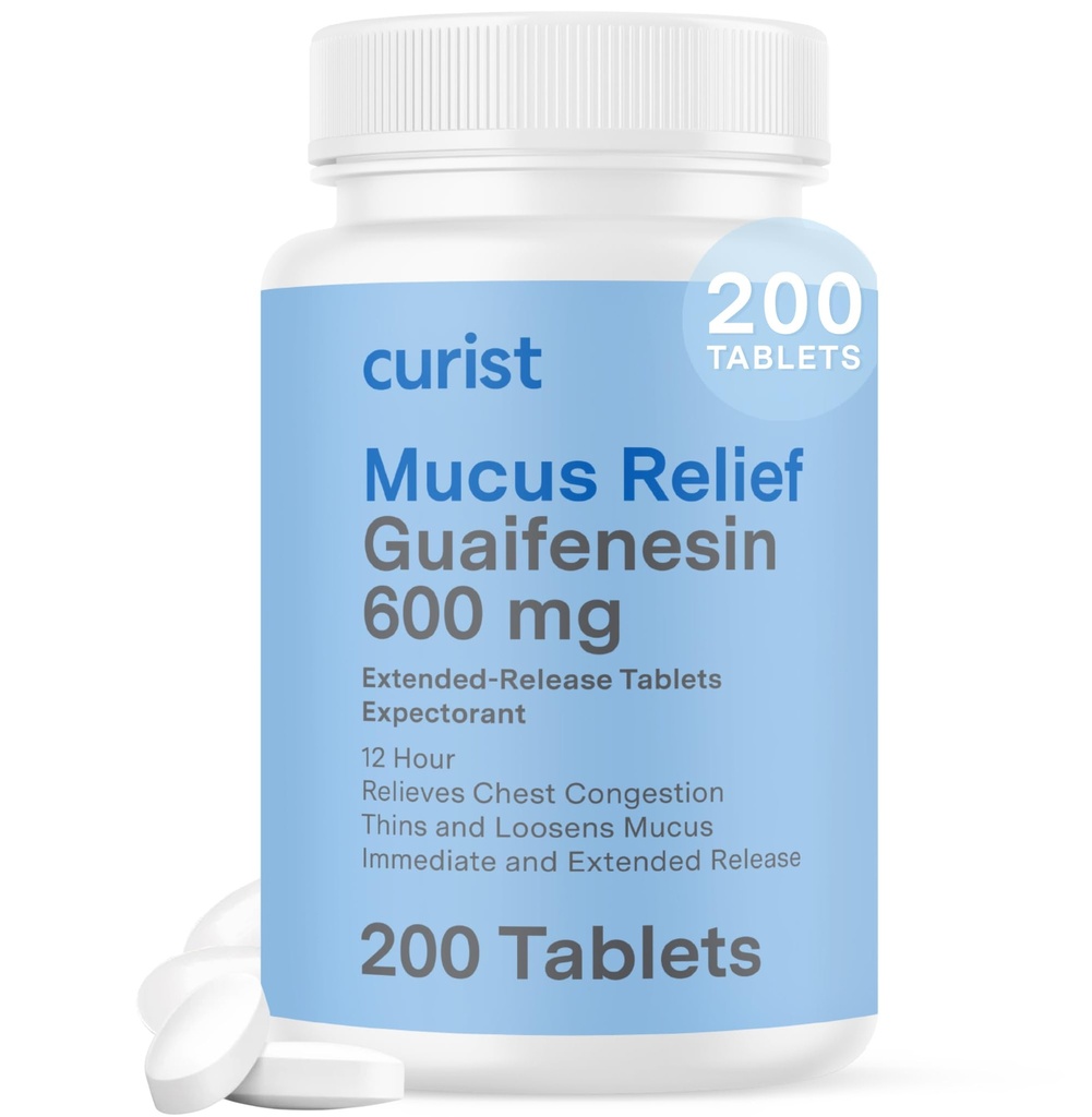 Curist Guaifenesin 600 mg Extended Release Tabletter (200 Dye-Free Tabletter) - Forventet Mucus Relief, Generisk Guaifenesin 600 mg, (Bulk Pack)