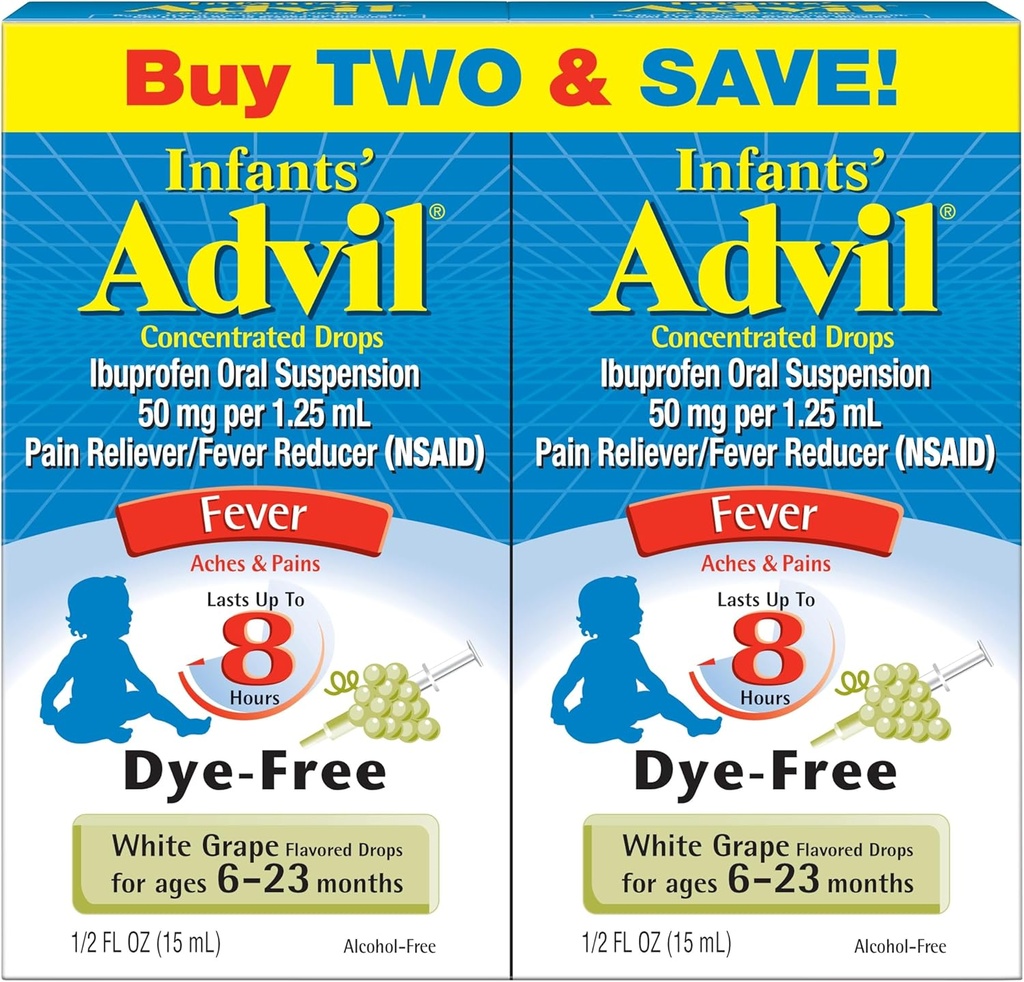 Infanters Advil flytende smertefri og babyfeber Reduser, Infantert Ibuprofen Dye gratis smertelindring og feber medisin, hvit grape - 0.5 Fl Oz (2 pakke)