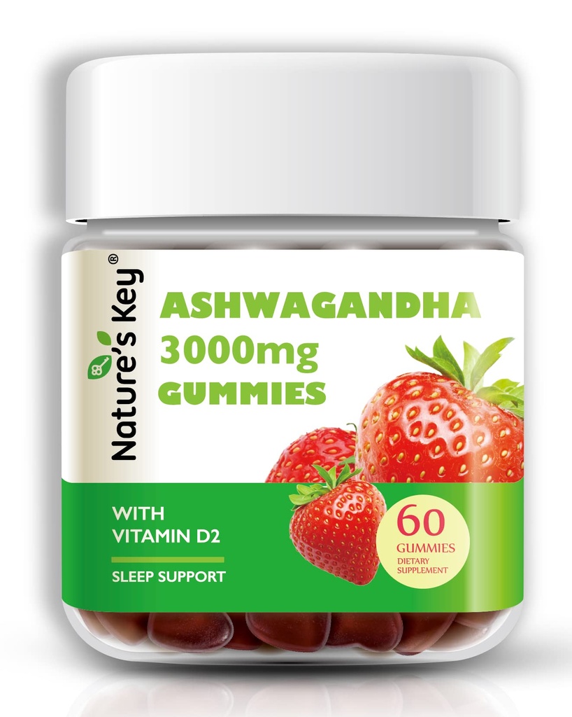 Naturens nøkkel Ashwagandha Gummies, 3000 mg høy potens Ashwagandha Root ekstrakt med vitamin D2, stress, rolig humør og kognisjon, for menn og kvinner, Strawberry Flavor (60 greve (Pack of 1)
