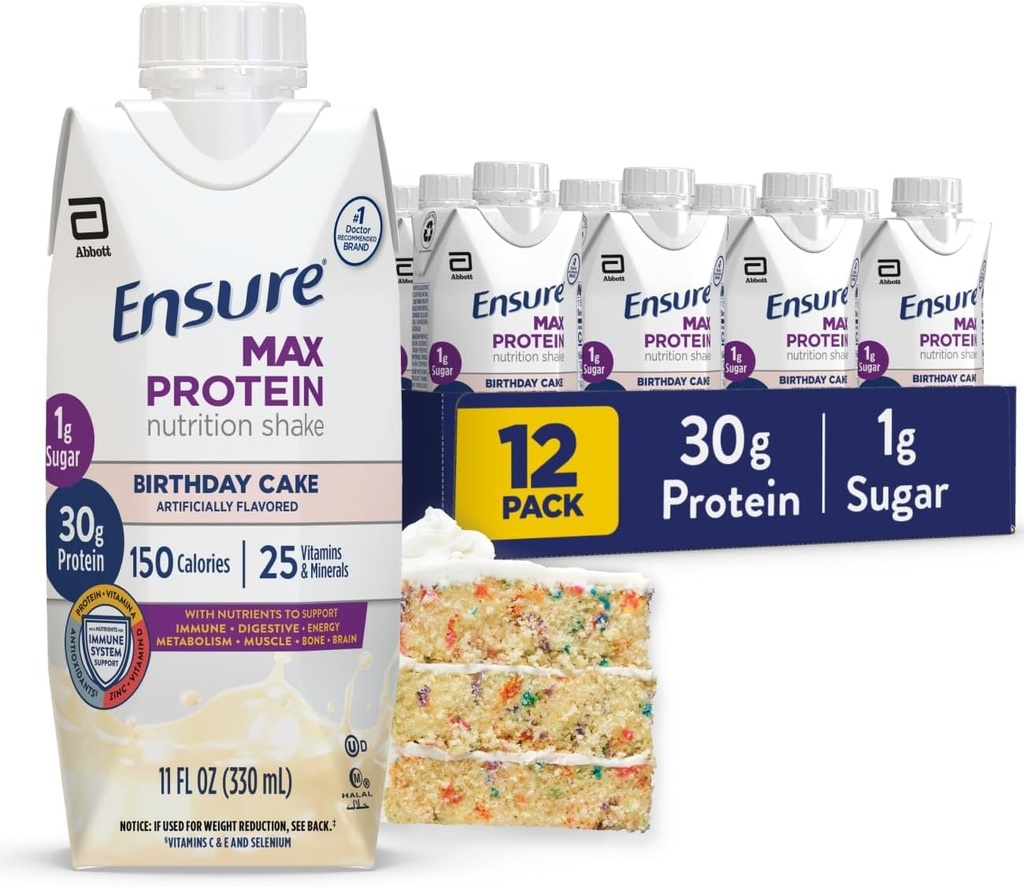Se til at Max Protein Shake | Bursdag Cake | Klar til å drikke | 30g Protein for muskel helse | 1g Sukker, 4g Fiber | 11 fl oz, 12 Pack