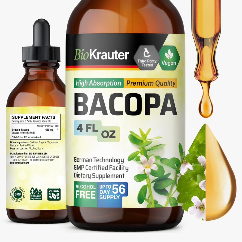 BIO KRAUTER Bacopa Monnieri Supplement væske - Brain Support Brahmi - alkohol og sukker gratis flytende Bacopa Herb Drops 4 Fl.Oz.
