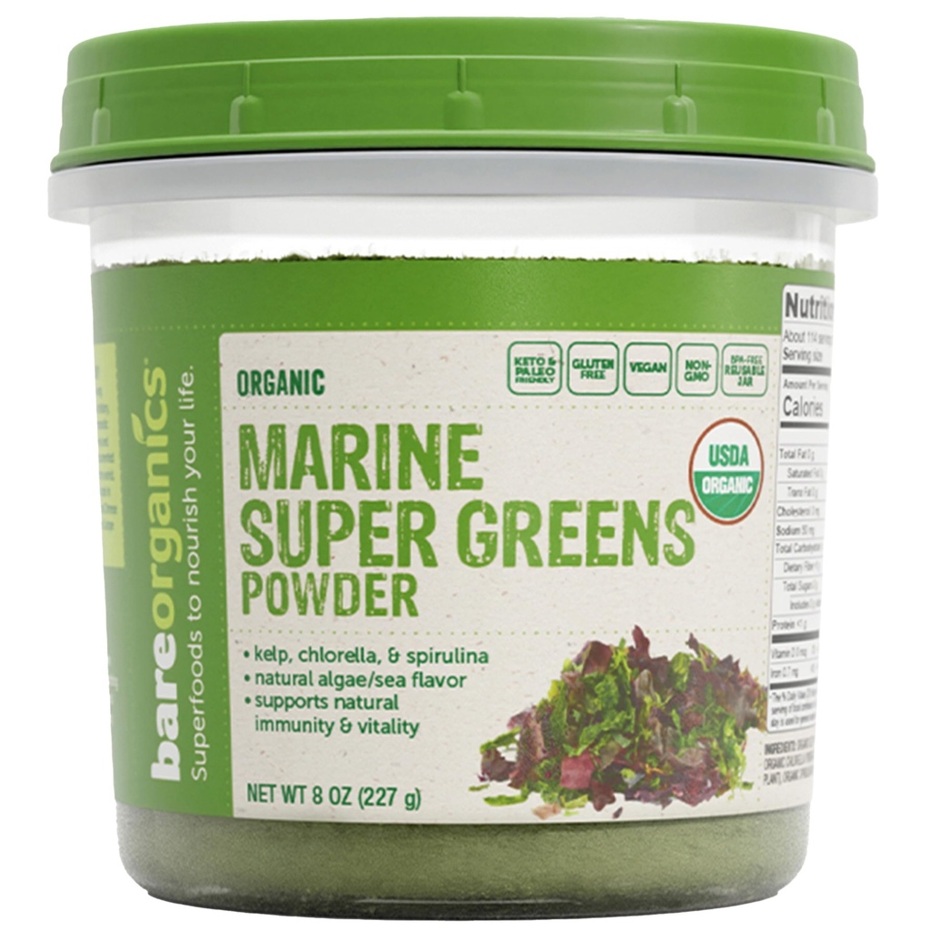 BareOrganikk Marine Super Greens pulver – USDA Økologisk, Vegansk, Glutenfri, Ikke-GMO, BPA-fri, Superfood pulver med økologisk Kelp, Spirulina & Klorella - 8 oz