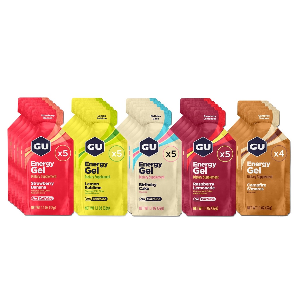 GU Energi Original Sport Ernæring Energi Gels, 24-Counte, Vegansk, Glutenfri, Kosher, og Dairy-Free On-the-Go Energi for enhver trening, Assortert Koffeinfri Flavors Variety Pack