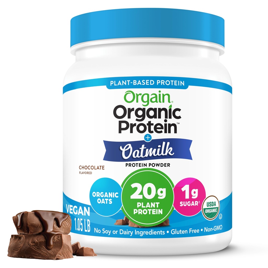 Orgain Organic Vegan Protein pulver + havremelk, sjokolade - 20g Plante Basert Protein, Glutenfri, Ingen Dairy, Soya eller Laktose ingredienser, lav sukker, ikke-GMO, Kosher, For Shakes & Smoothies - 1.05lb
