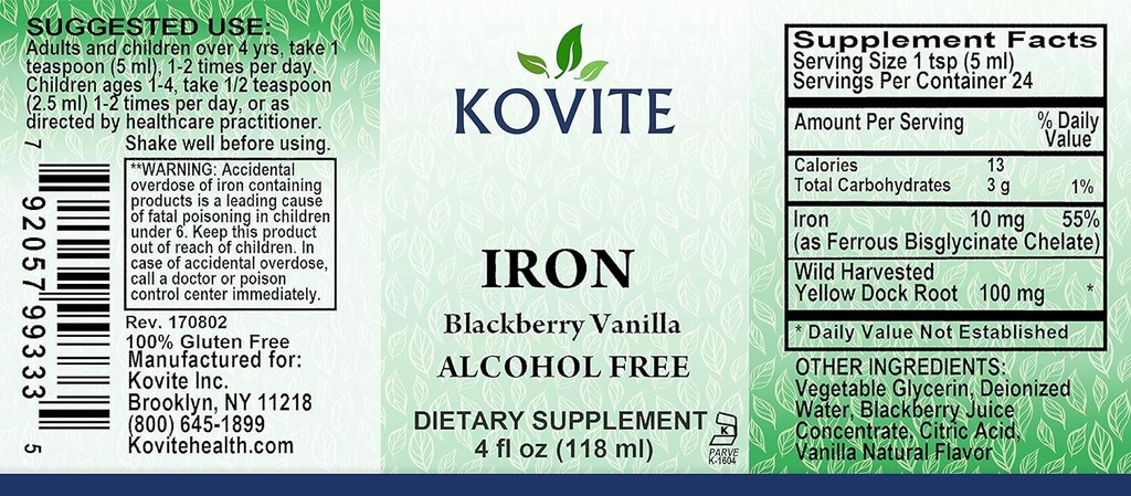 Flytende jern 10 mg - Øk energi og blodnivå uten smerte eller dyspepsi - flytende jerndråper for menn, kvinner og barn - BlackBerry Vanilla Flavor - 4 fl oz. Kosher Certifisert