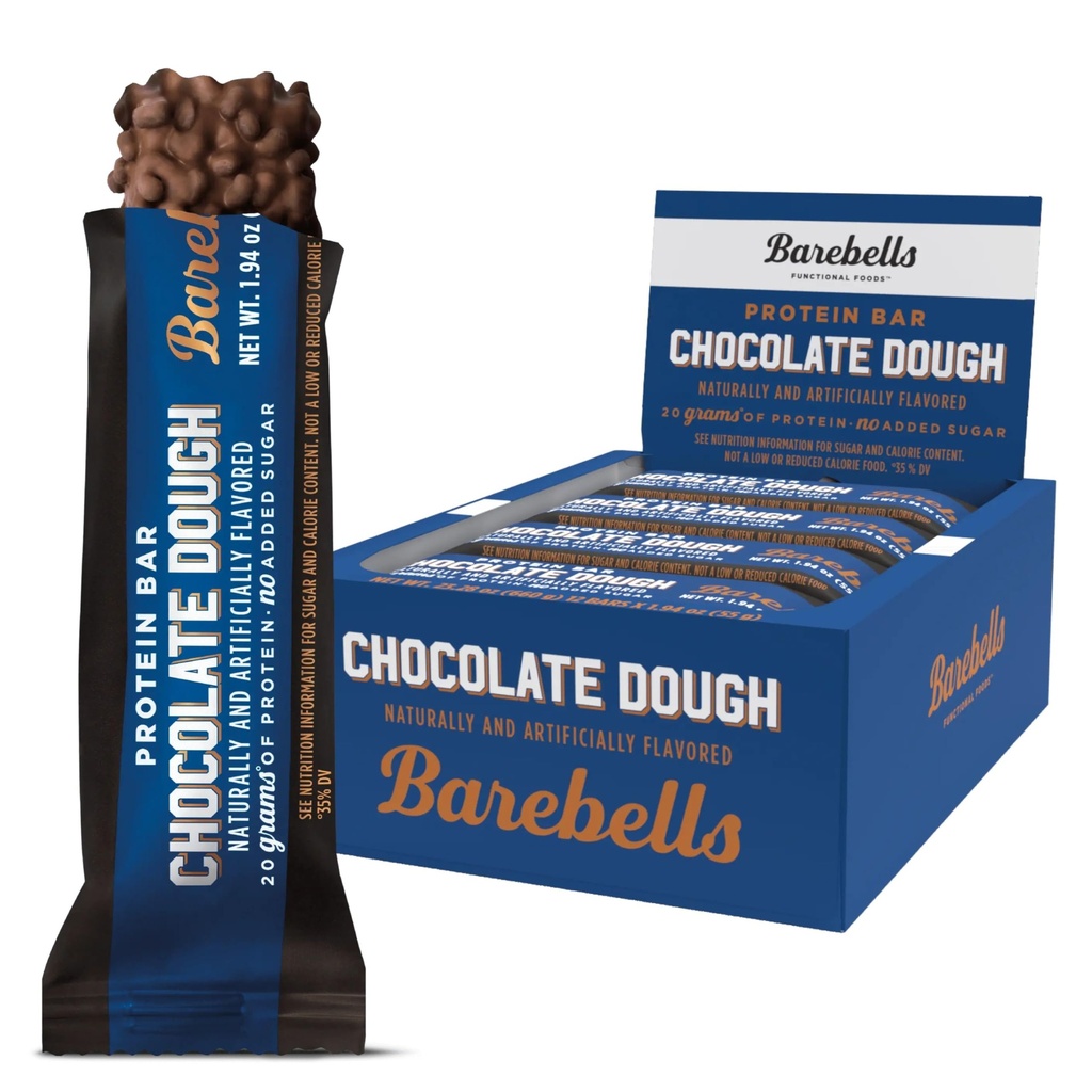 Barebells Protein Bars Sjokolade Dough - 12 greve, 20g High Protein Behandler - Sjokolade ernæringsbar med 1g Total Sukker - On-The-Go Frokost eller post-Workout Snack