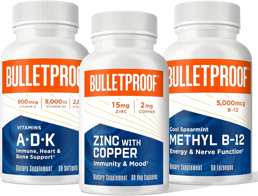 Kulesikker trippel trussel styrke bundle, vitaminer A-D-K, 30 Softgels, sink med kobber, 60 kapsler, Metyl B-12, Spearmint Flavor, 60 Lozenges
