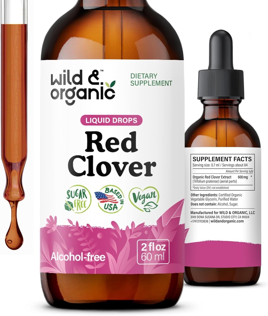 Wild & Organic Red Clover Extract Drops - Menopause Kosttilskudd for kvinner - 600 mg flytende rød Clover Tinktur - 1-måneders forsyning - Trifolium Pratense Blossom - Sukker & alkohol-fri - 2 oz