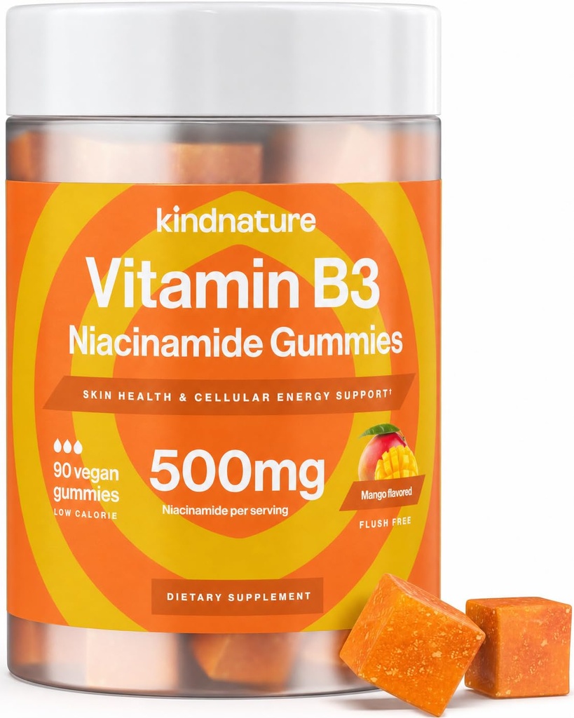 Kernatur Vitamin B3 Niacin Gummies - Flush Free Niacinamid 500mg Supplement - Vegansk, Ikke-GMO, Lav-Kalorie, Glutenfri, Soya-Fee, 3rd Party Lab Testet - 1 måneds Supply, 90 Chewable Gummies