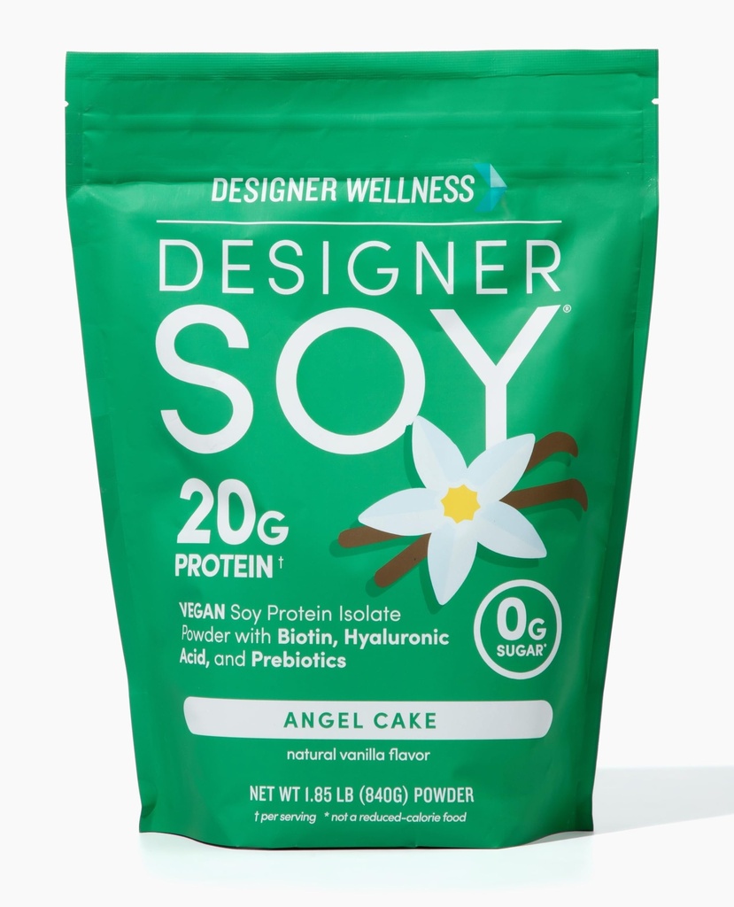 Designer velvære, soyaisolate protein pulver med biotin, hyaluronsyre, og prebiotika, vegansk, 0 sukker, ikke-GMO, Angel Cake Vanilla, 1,87 lb