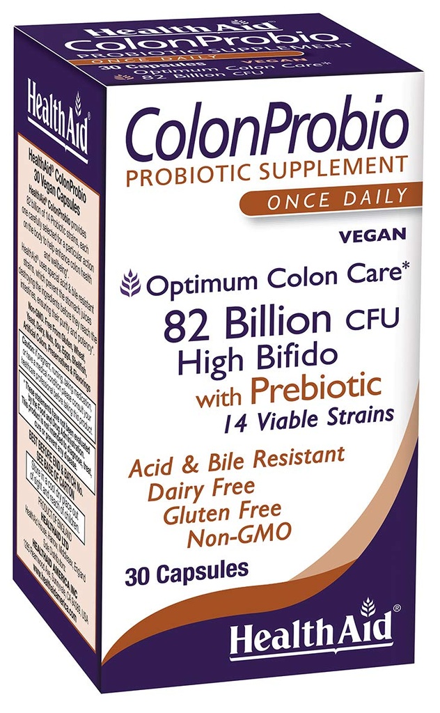 HealthAid ColonProbio 82 milliarder med Prebiotic, 14 Strains, En gang daglig, 30ct, Optimum Colon Care, Acid & Bile Resistant, Dairy Free, Glutenfri, Ikke-GMO