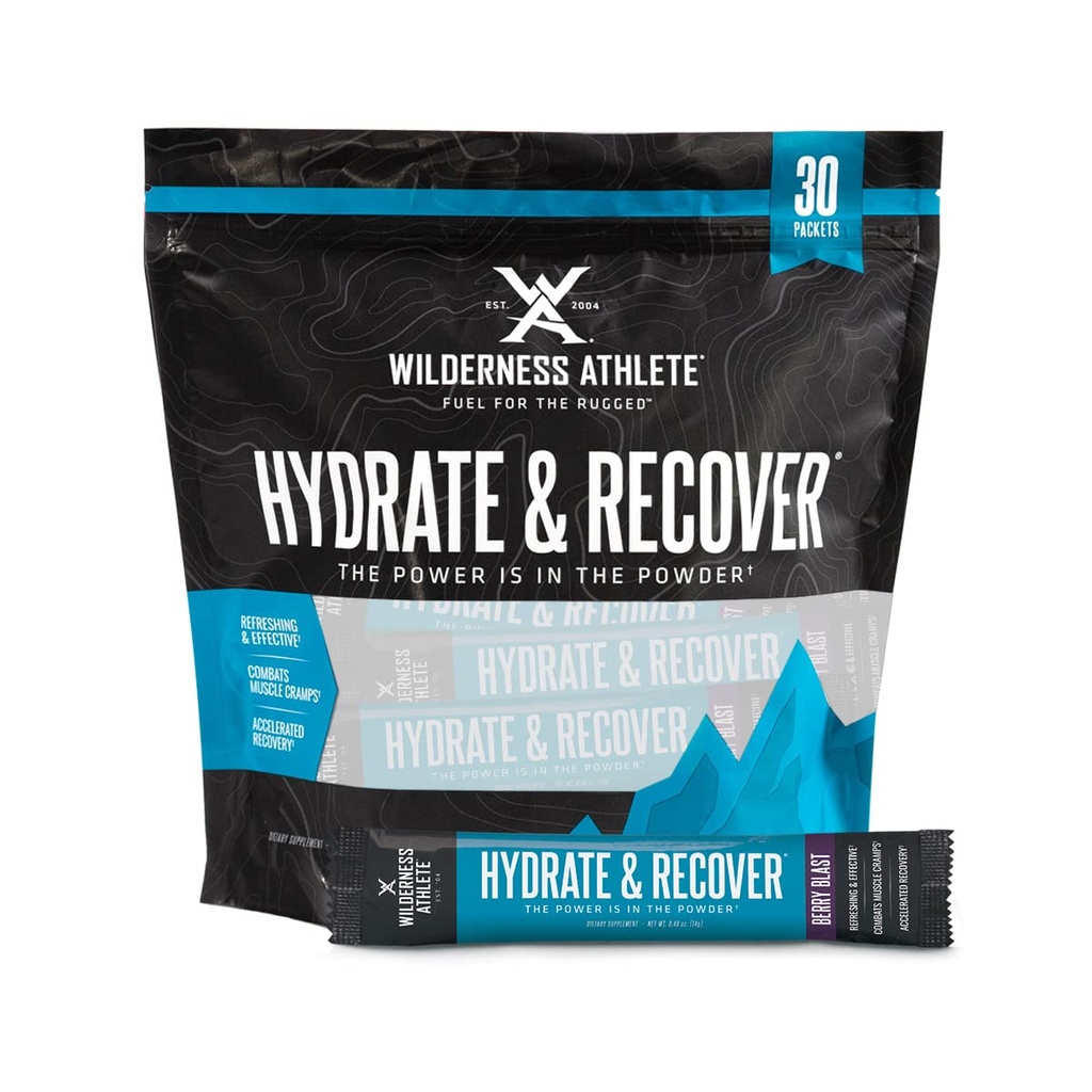 Wilderness Athlete - Hydrate & Recover | Liquid Hydration Packets Electrolyte Drink Mix - gjenopprett raskere med Bcaas - 30 Single Servering Hydrate Packets (Berry Blast), 0,49 Ounce (Pack of 30)