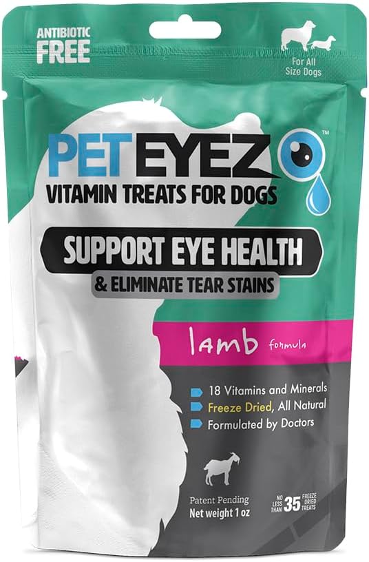 PetEyez Tear Stain Remover Vitamin behandlinger for hunder - Støtte Eye Helse og Redusere klissing og tear Stain Building - 100% naturlig hund behandler med supermat, antioksidanter og næringsstoffer - Lamb Flavor - 1oz