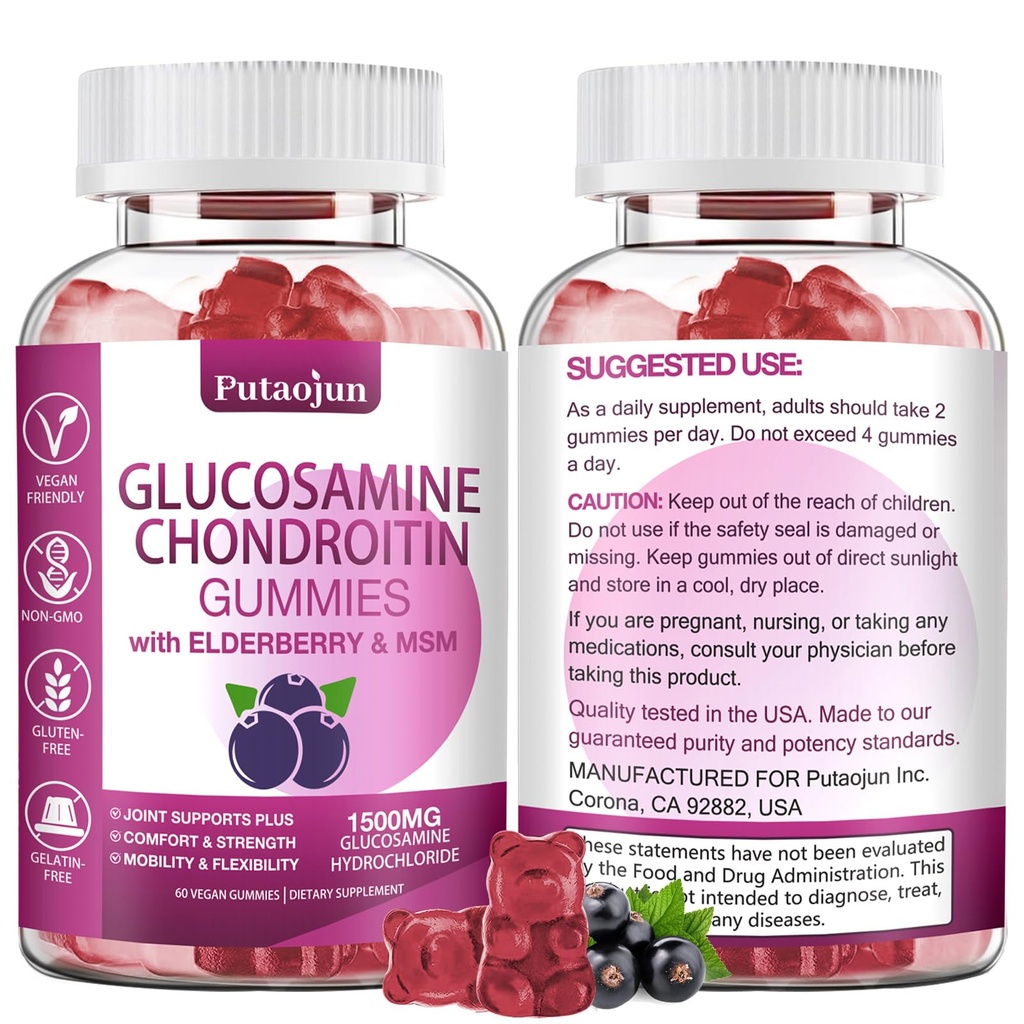 Glukosamine Chondroitin Kosttilskudd med MSM & Elderbær | Glukosamine Chondroitin Gummy for kvinner og menn | Glukosamine chondroitin Gummies Ekstra styrke | Joint Supplement | 1 Pack