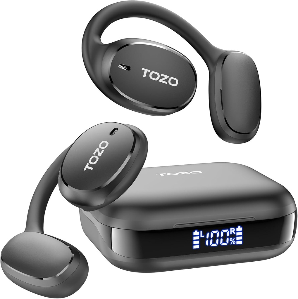 TOZO OpenEgo Open Ear Earbuds Bluetooth-hodetelefoner, 80Hrs Spilletid Trådløse ørepropper med øredobber, digital skjerm, 32 EQ-moduser, Clear Call, Komfortabel Wear, Sweat-Proof for kjører trening svart