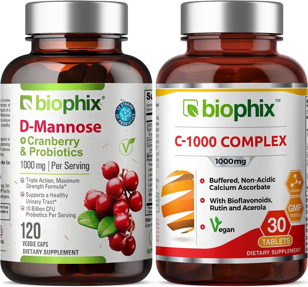 Biophix D-Mannose Plus Cranberry Probiotika 1000 mg 120 Vcaps - Gratis Vitamin C-1000 30 Tabletter - Støtter urinblåser Tract Helse og Digestiv Well Being