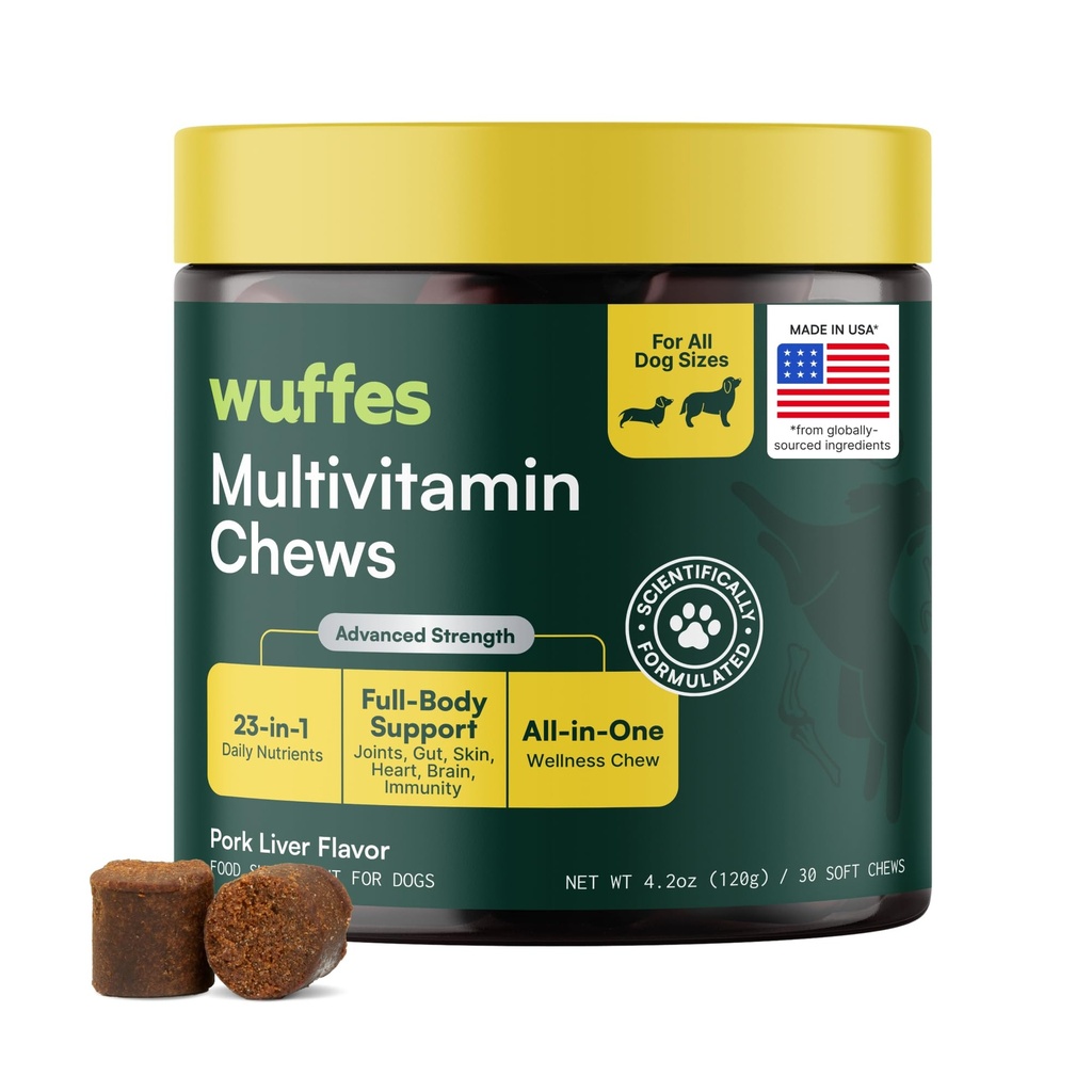 Wuffes 23-i-1 Hund Multivitamin Supplement for Hip & Joint, Hud & Coat og immunsystem støtte med Omega 3, jern, sink, vitamin C - Mineraler og vitaminer for eldre hunder og valper - 30 Soft Chews