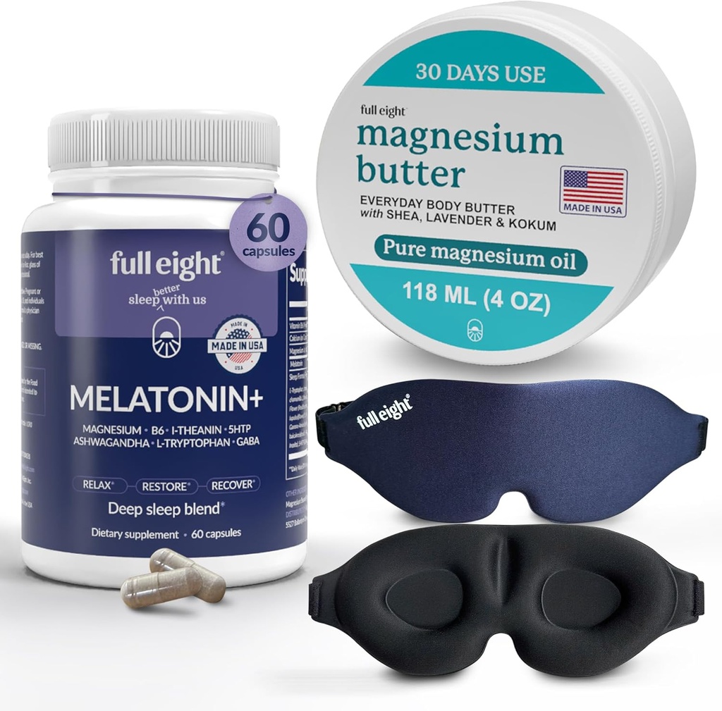 Sleep Bundle: 3D Light Blocking Sleep Mask, Melatonin + Fast Oppløse Melatonin Kosttilskudd 60 Kapsler, og Magnesium Body Butter for Tente ben & Tight Muskler, 4oz Cream
