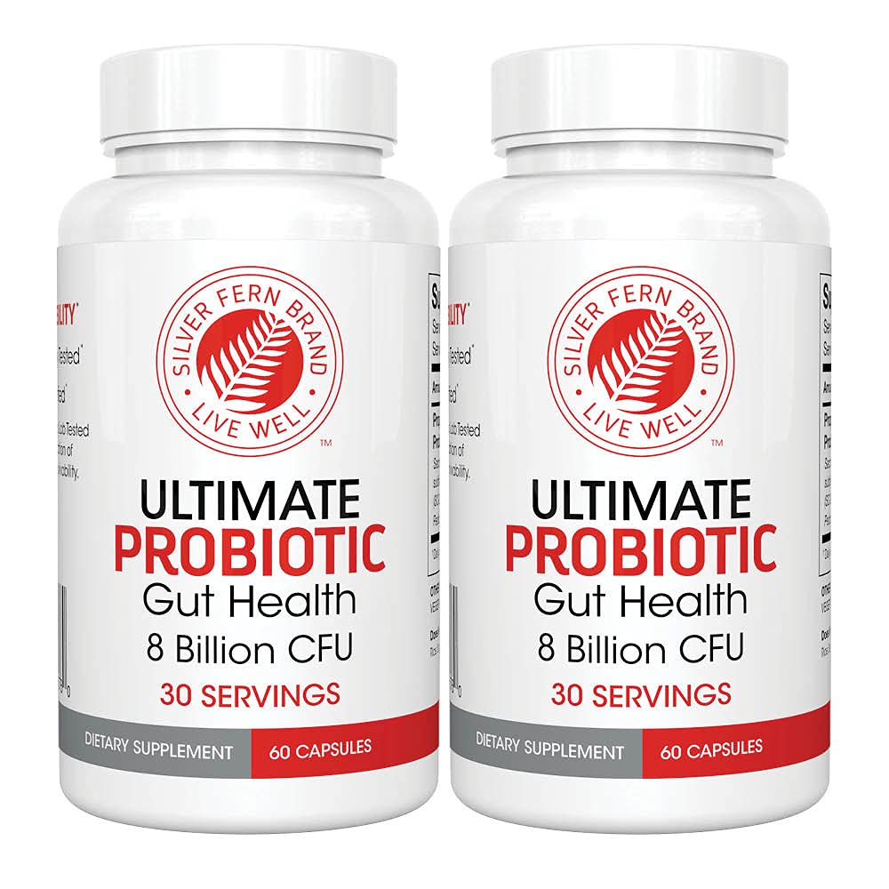 Silver Fern Ultimate Probiotic 2-Pack – Probiotika for kvinner og menn – 8 milliarder CFU Spore-Forming Gut Health Supplement – DNA Verifisert, Vegan Probiotic, Holdbar, høy overlevelse – 120 kapsler