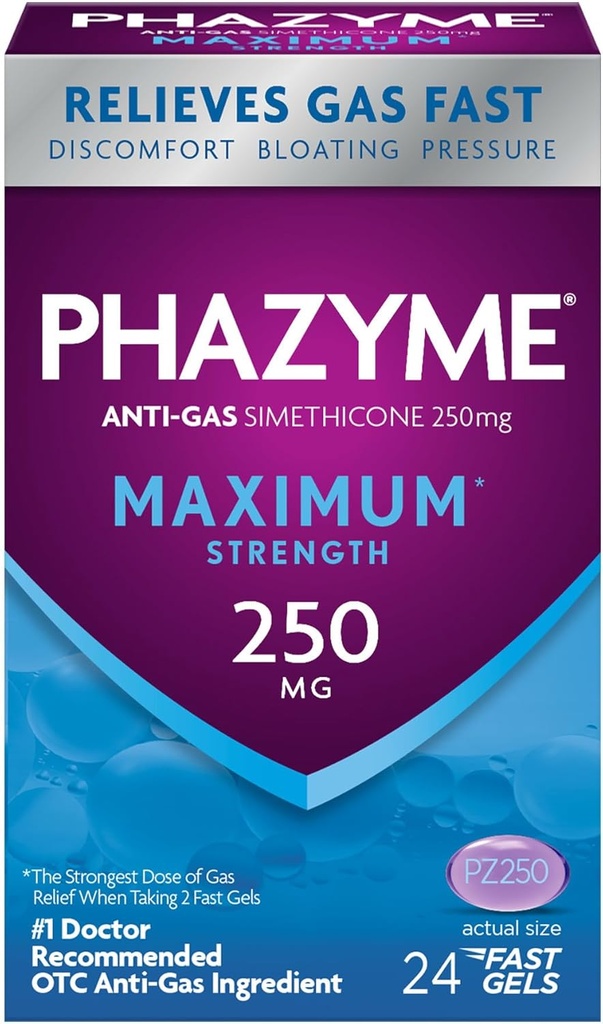 Phazyme Maks * Styrke Anti-Gas 250 mg Simetikon Gass Relief for voksne, Fast Gels raskt Ease Bleating, Trykk & Discomfort, 24 greve
