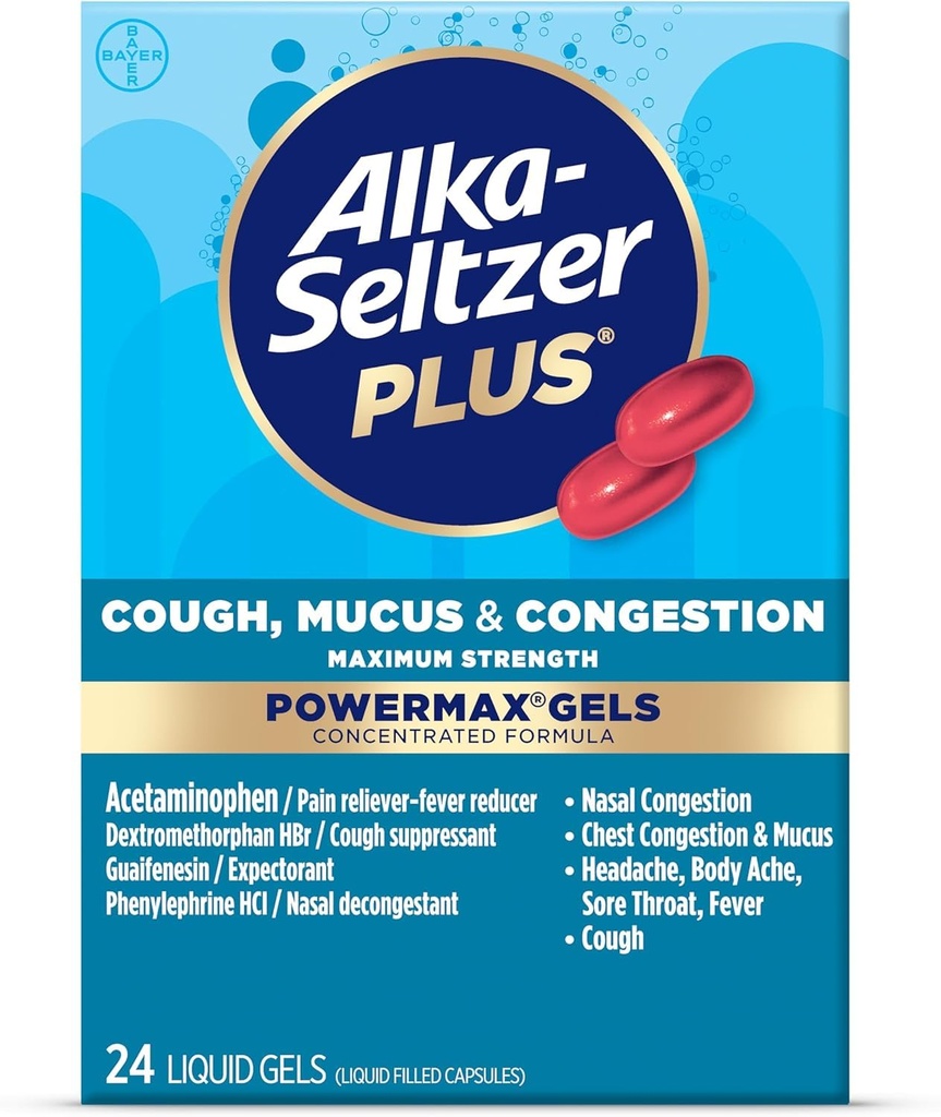 Alka-Seltzer Plus Maksimal styrke Cough, Mucus & Congestion Powermax flytende geler, rask og effektiv bryst kongestiv relief, Cough Suppressant, for voksne og barn 12 år og eldre 24 count