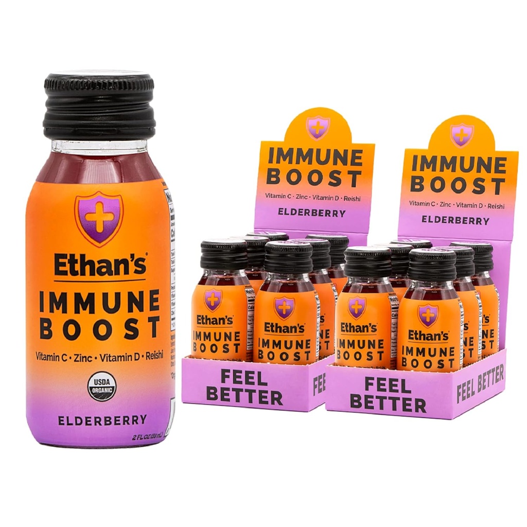 Ethan's Organic Immune Boost Shots, Elderberry Flavor. Føles bedre. Immunitetsstøtte, laget med ekte frukt, vitamin C, vitamin D, Reishi, sink, med ingen tilsatt sukker (12 pakke med 2oz Shots)