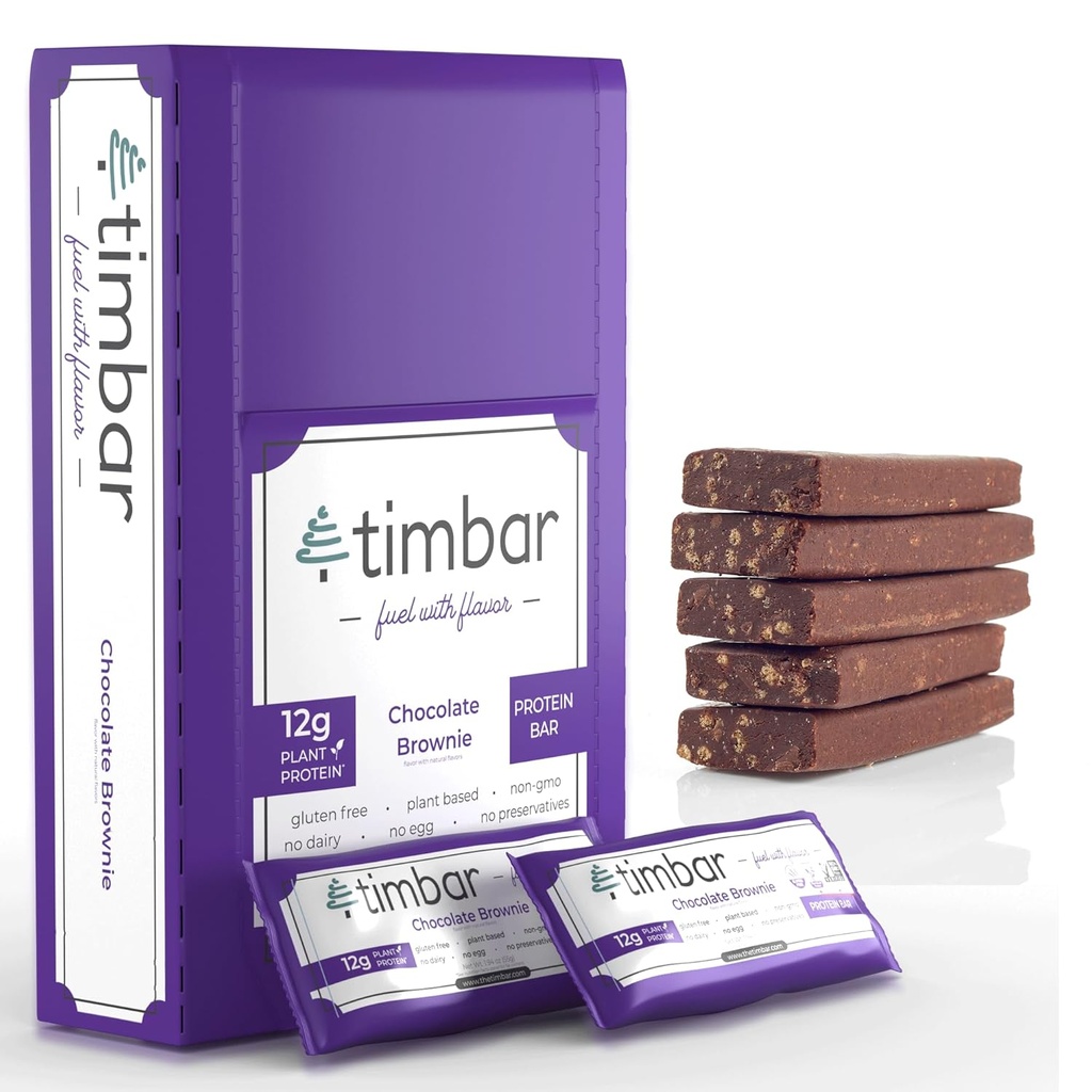 timbar Protein Bars 12 Pack 12g Protein & 9g Fiber Plante Basert- Energi og Nut Bars | Glutenfri, Ikke-GMO, Dairy Gratis, Sunn on-the-Go Snack & Måltid Erstatning (12 Pakker, Sjokolade Brownie)