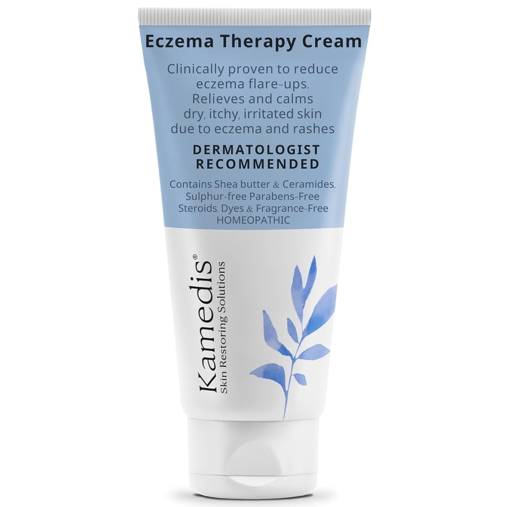 KAMEDIS Eczema terapi Soothing Body Cream. Botanikkbasert. Klinisk bevist for kløende, tørr, irritert hud. Dermatolog anbefalt fuktighetsgivende behandling. SLS & parabenfri.