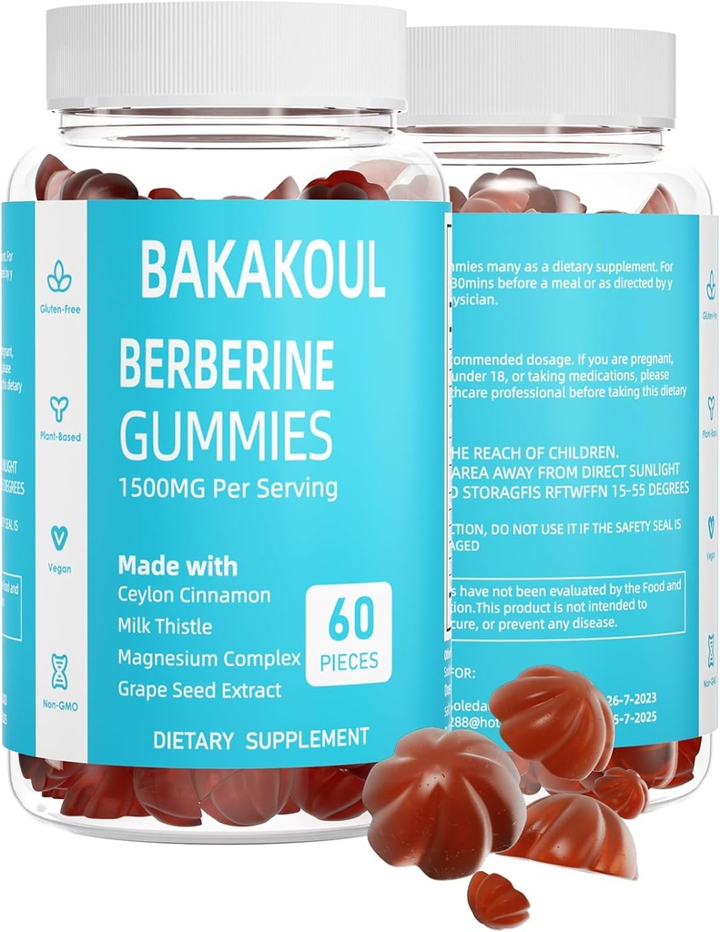 Berberin med Ceylon Cinnamon Gummies, sukkerfri berberin 1500 mg og ceylon kanel 500 mg, høy potens berberin gummier med magnesiumkompleks og melk tistel, 60 gummier