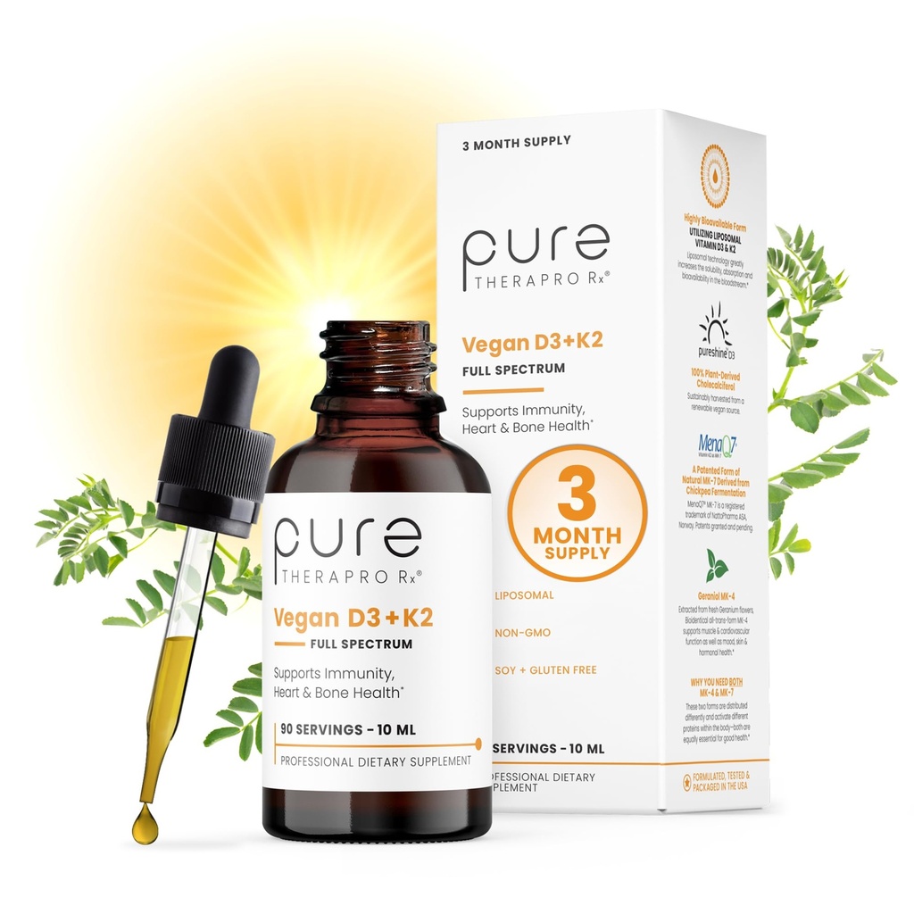Pure Therapro Rx Vegan D3 + K2 Økologisk 100% Liposomal 10 ml laget i USA | 3 måneders forsyning | Maksimal absorpsjon vitamin D3 og vitamin K2 kosttilskudd for menn og kvinner, D3 vitamin 5000 IE