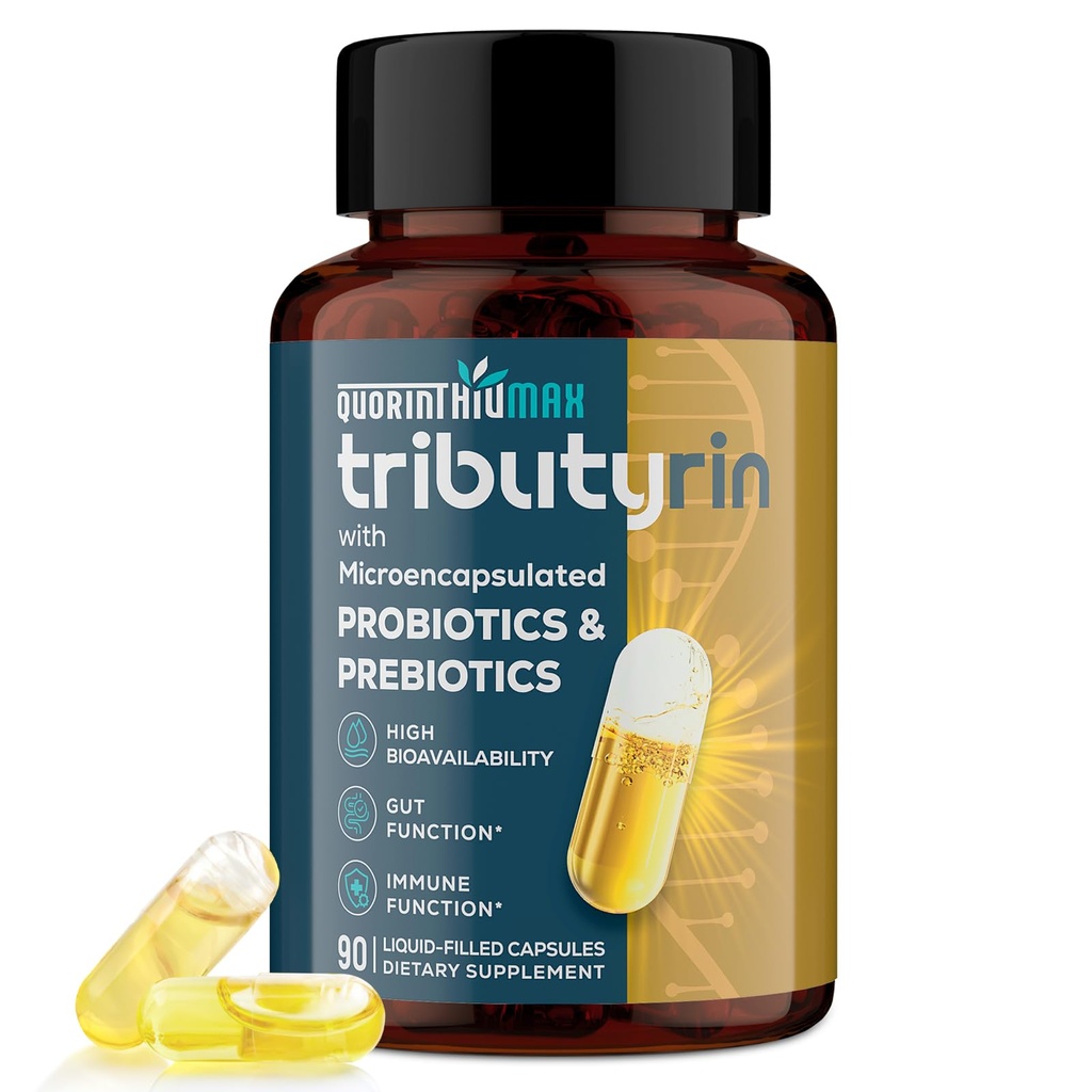 Tributyrin Supplement for Gut & Immune 800 mg | Høy biotilgjengelighet med mikroenkapslede probiotika og prebiotika - Avanserte flytende-fyllt Tributyrin kompleks, Glutenfri, 90 kapsler