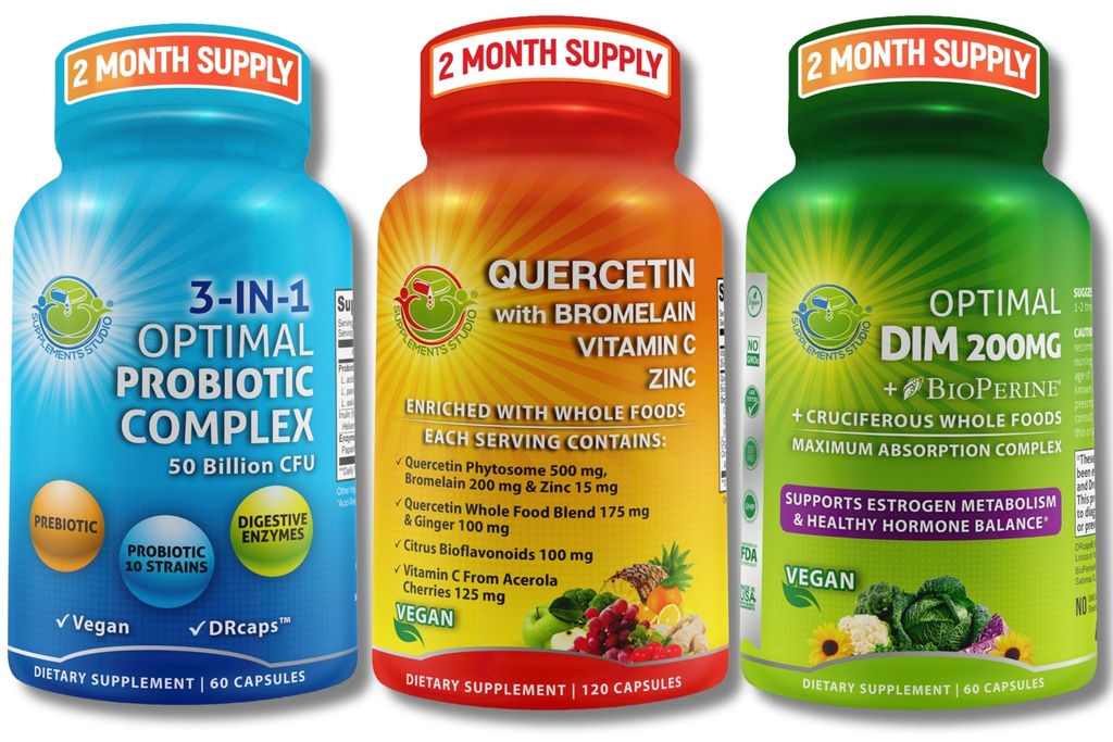 Vegan Hormonal, Immun & Gut Health Support Bundle – Quercetin 500mg med Bromelain, Sink & Vitamin C + DIM 200mg med BioPerine + 3-i-1 Probiotic 50 milliarder CFU med Digestive Enzymer & Prebiotika