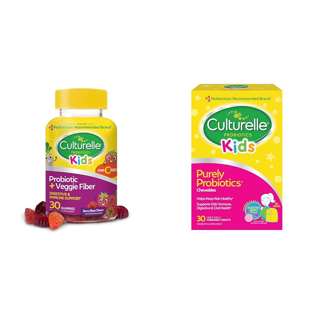 Culturelle Daily Probiotic for Kids + Veggie Fiber Gummies (Alder 3+) - 30 Antall og barn Chewable Daily Probiotic for Kids, Alder 3+, 30 greve, #1 Pediatrician-Recommend