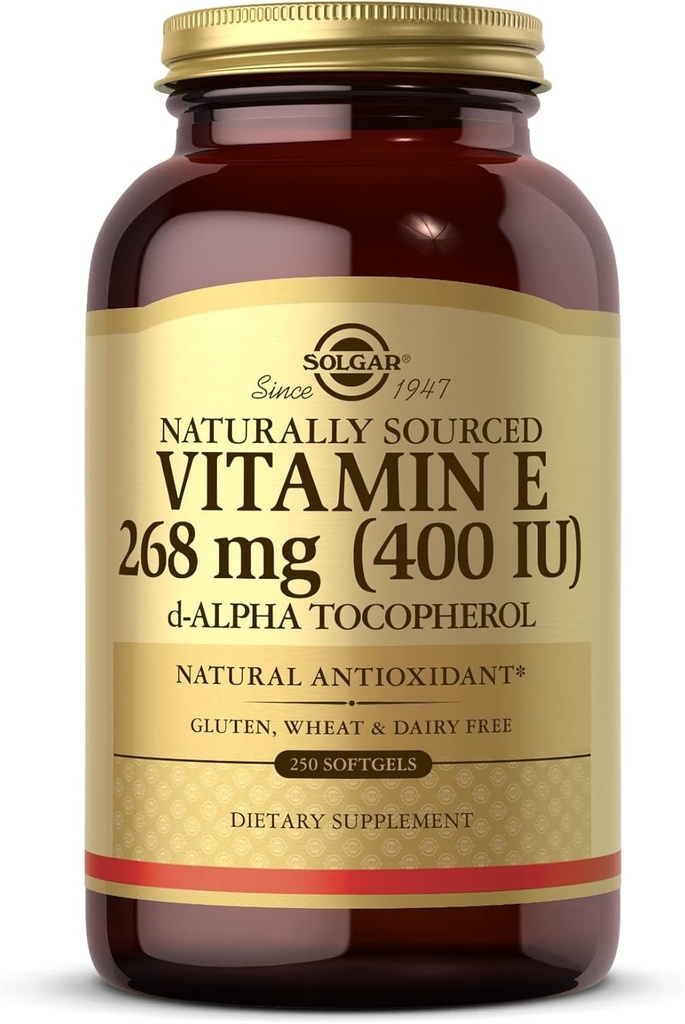 Solgar vitamin E 268 mg (400 IU) - 250 Softgels - Naturlig-kildet vitamin E som d-Alpha Tokopherol - Glutenfri, Dairy Free - 250 Serveringer