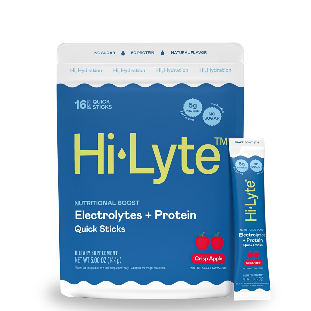 Hi-Lyte Electrolytes + Protein Quick Sticks Crisp Apple, 16 Serveringer - Natrium, Kalium, Whey Protein - Keto Vennlig - 5g Protein, No Sukker