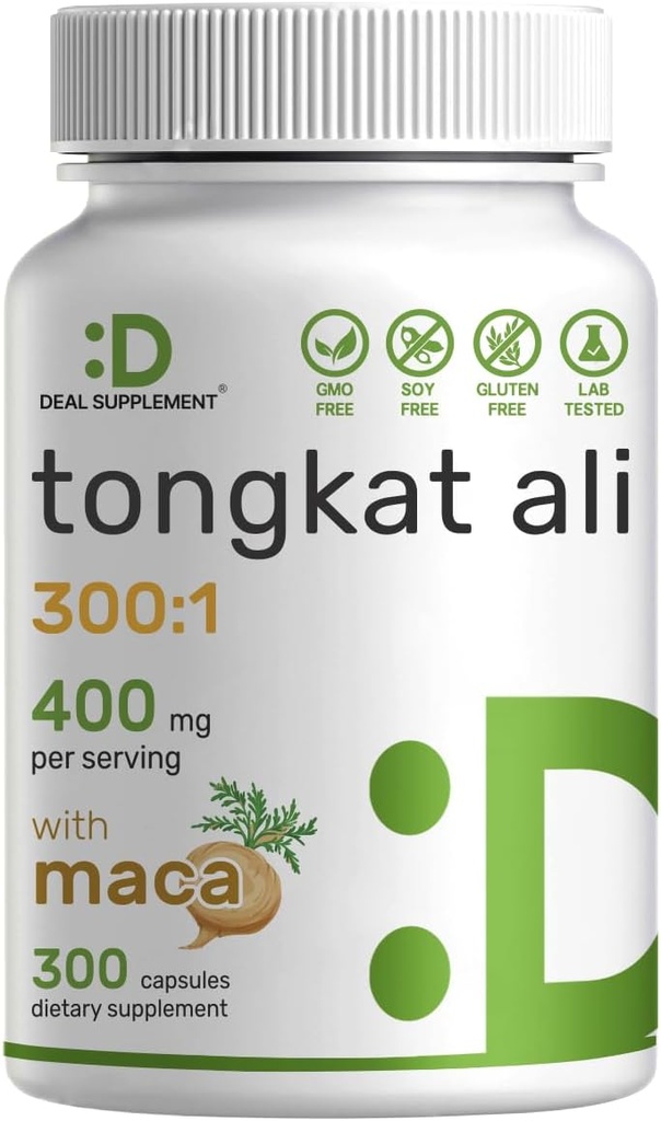 DEAL Forsyning Tongkat Ali Extract 300:1 400mg & Maca Root 400mg | 300 Capsules, Ultra Styrke Longjack (Eurycoma Longifolia) + Peru Maca – Non-GMO, Herbal Supplement for menn helse, ytelse