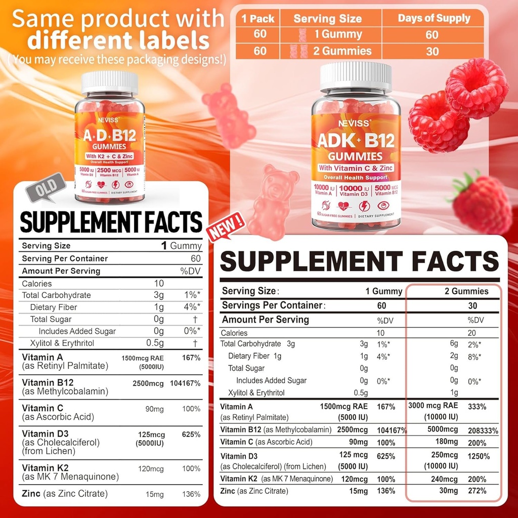 NEVISS 2Pack vitamin ADK med B12 Gummies + 1Pack glukosamin fylte gummier