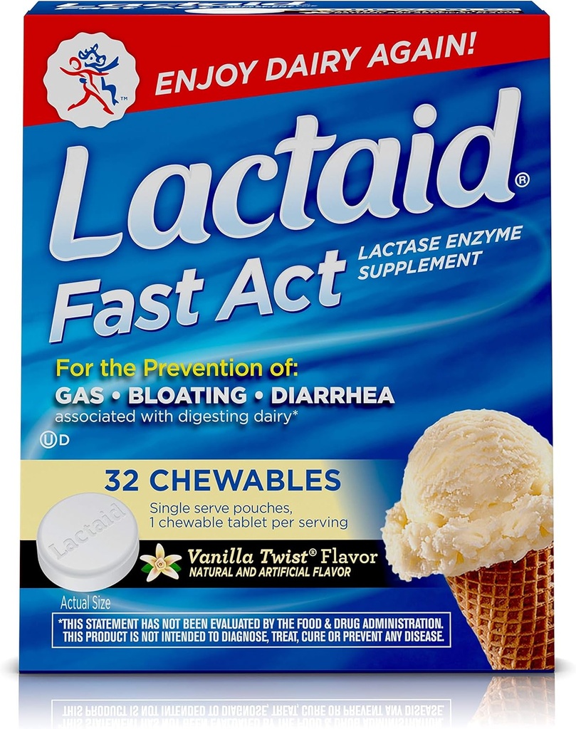 Lactaid Fast Act Laktose Intolerance Chewables med Lactase Enzymes, Vanilla Twist, 32 Pks av 1-ct.