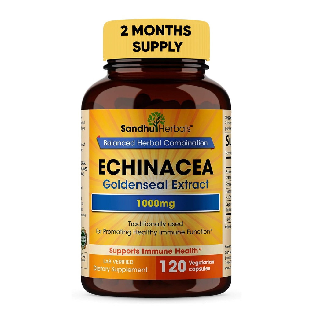 SANDHUHERBALS Sandhu Herbals Echinacea Goldenseal 1000 Mg 120 kapsler ® Immunsystem støtte pustende respons inflammatorisk respons supplement