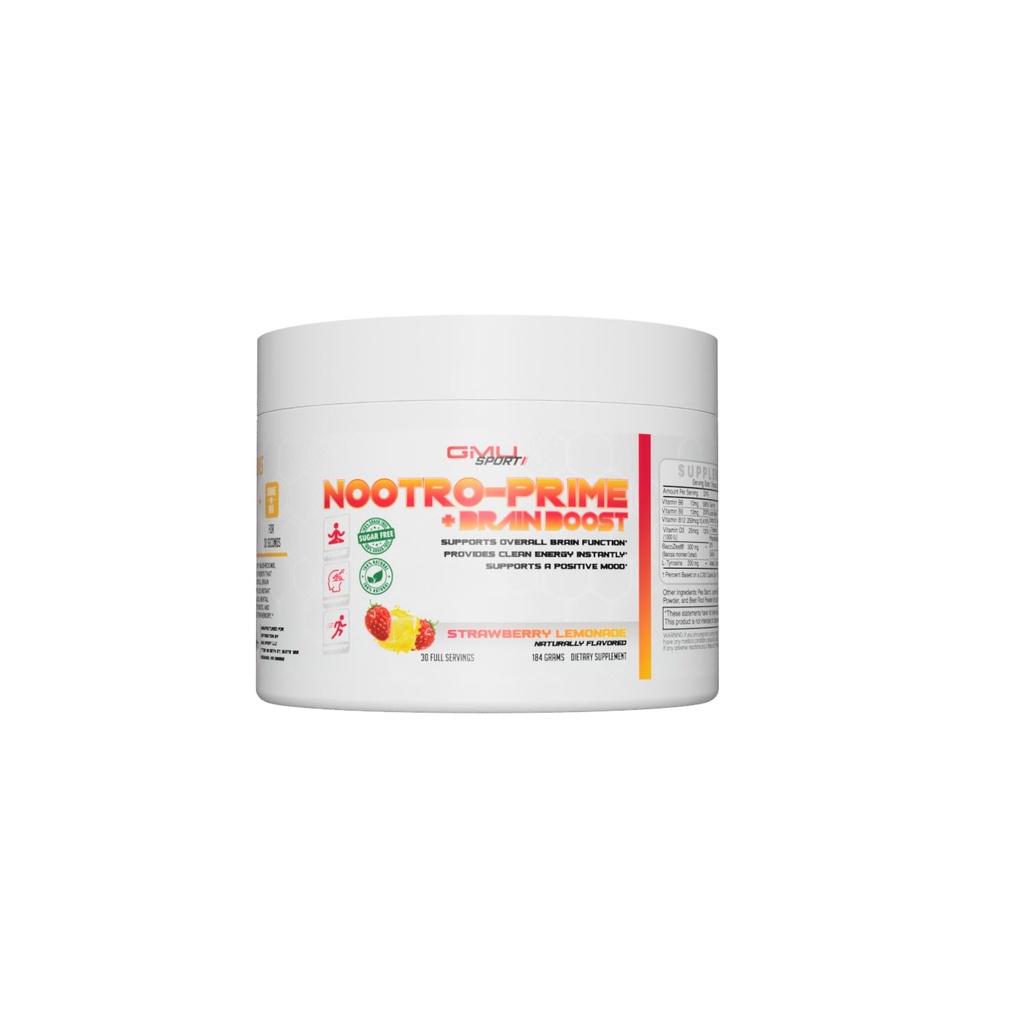 Nootro-Prime Brain Boost - Fokus Brain Supplement - Mushroom Supplement pulver med Alpha GPC, Nootropic Brain Supplements for minne og fokus med Lions Mane, 30 Serveringer, Jordbær Lemonade