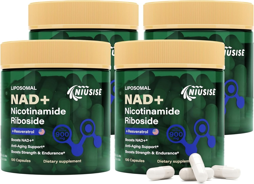 NAD Supplement, NAD Nicotinamid Riboside 900 Mg for menn og kvinner, Liposomal NAD+ Supplement med Nicotinamid Riboside, Resveratrol & Quercetin, energi, Boost NAD +, 400 kapsler