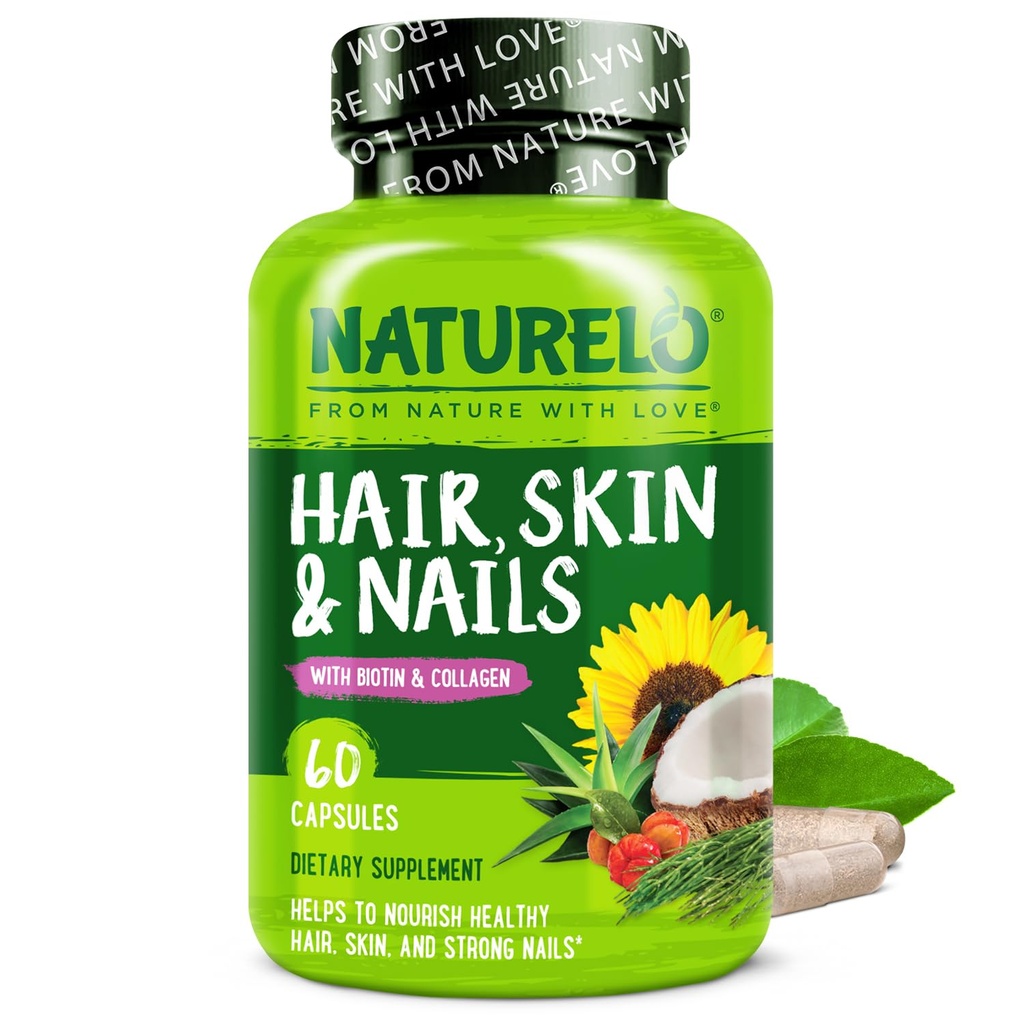 NATURELO Hår, hud og negler Multivitamin - 5000 mcg Biotin, kollagen, naturlig vitamin E - Supplement for sunn hud, hårvekst for kvinner og menn 60 kapsler