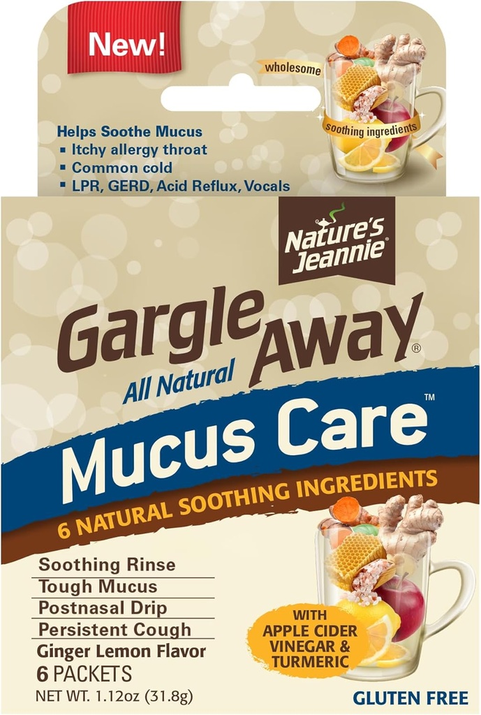 Gargle Away by Naturens Jeannie All Natural Mucus Care- Soothes Mucus, Post Nasal Drip, Persistent Cough, 6 Packets, Ginger Lemon Flavor