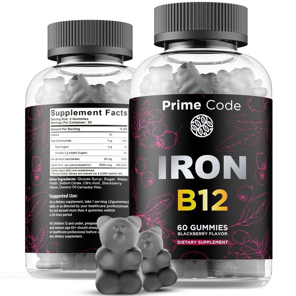 Vitamin B12 Gummies for kvinner og menn, 20 mg jerntilskudd for voksne, gratis blodbuilder for anemi, vitamin B12 Gummies med jern og naturlig Blackberry Flavor, Vegansk, Ikke-GMO, 30 dagers forsyning