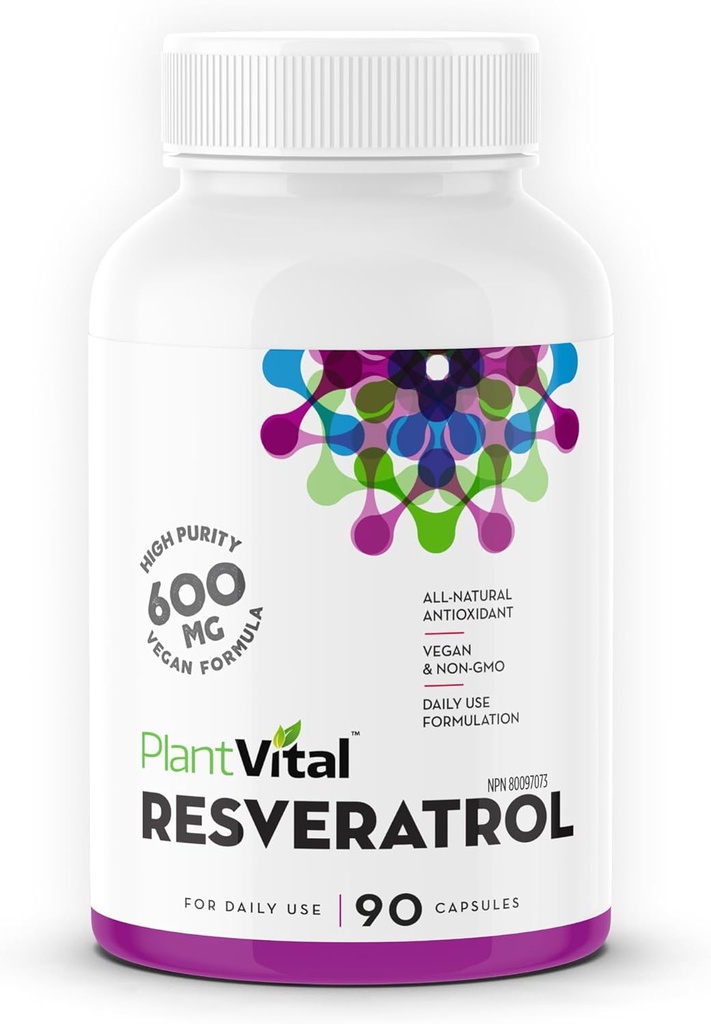 Plantvital Resveratrol 600mg - 90 Vegansk Resveratrol kapsler - høy renhet Trans Resveratrol Supplement - Antioksidant - Ikke-GMO, Glutenfri