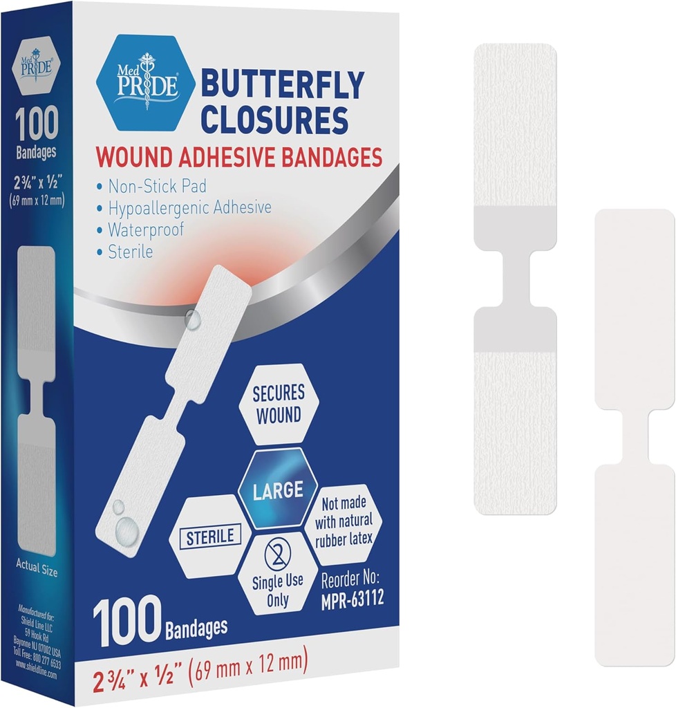 MED PRIDE Butterfly Tape Closions Bandages for sår Closing, Sterile Hypoallergenisk klesmerke ikke-stekt pad, lateks-fri, pakke med 100 ulike størrelser (stor)